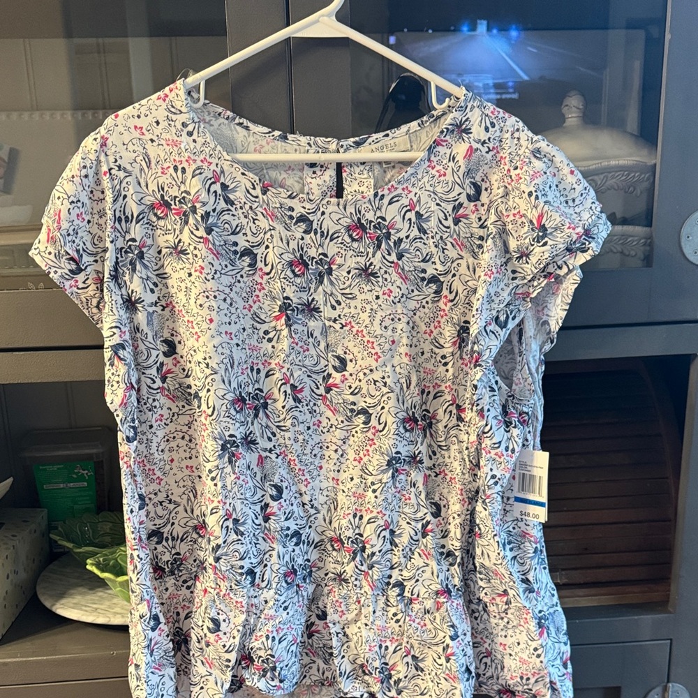 Angels White Blouse with Pink and Blue Floral Pattern